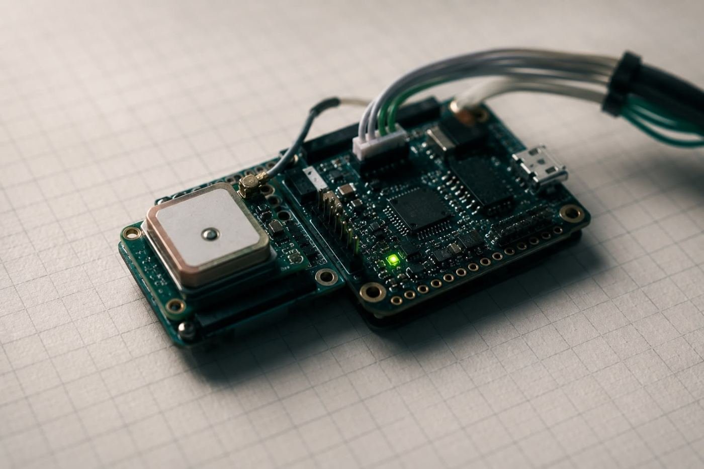 Placa eletrônica com microcontrolador e módulo GPS sobre papel milimetrado