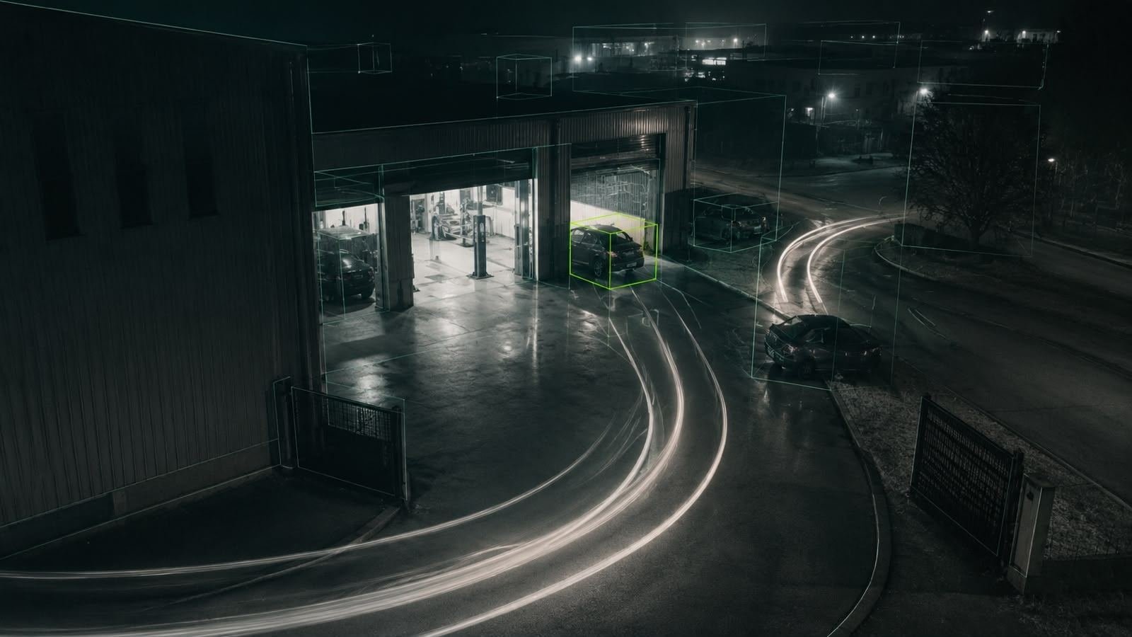 Pátio de um cliente com fluxo de veículos e sobreposição de detecção por visão computacional